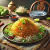 もやし、香草、チリ、ライムを添えたタイ伝統のカリカリ揚げ麺「ミーグローブ」の華やかな盛り付け Colorful presentation of traditional Thai crispy noodles “Mee Krob” with bean sprouts, herbs, chili, and lime