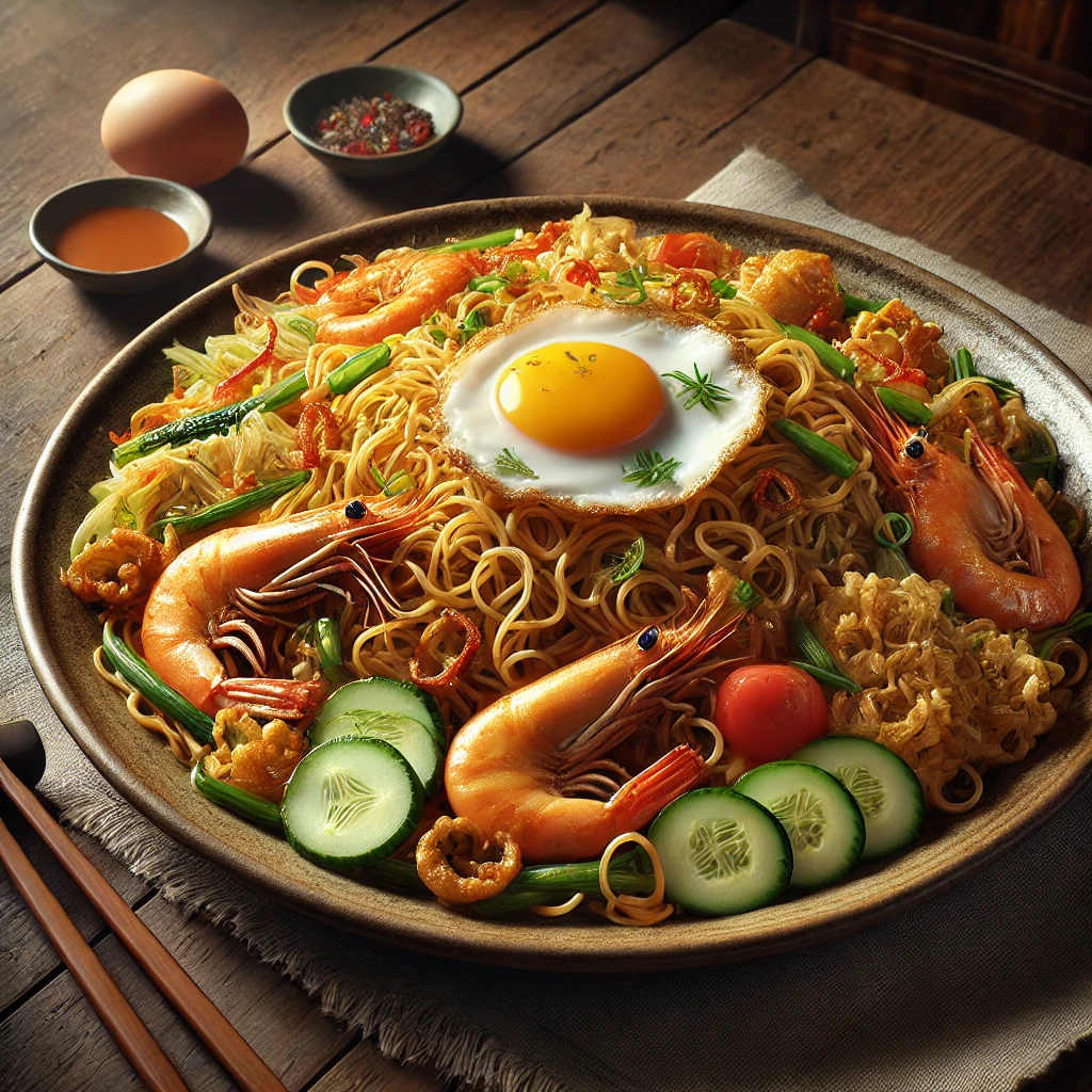 エビ、きゅうり、目玉焼き、揚げ玉ねぎが彩る本格的なインドネシア風ミーゴレン Authentic Indonesian mi goreng topped with shrimp, cucumber, sunny-side egg, and crispy shallots
