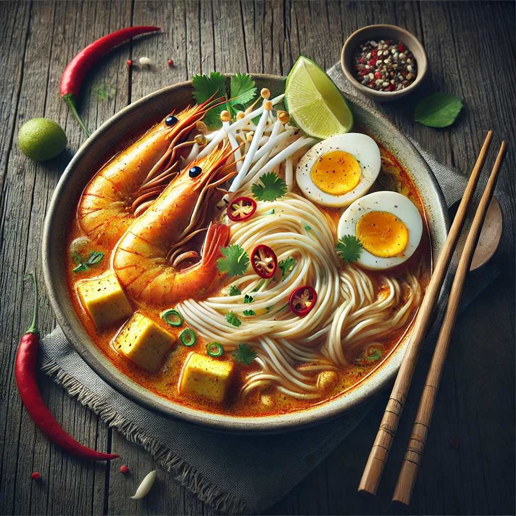 エビ、ゆで卵、豆腐、もやしをトッピングしたスパイシーで濃厚なラクサヌードルスープ Spicy and rich laksa noodle soup topped with shrimp, boiled egg, tofu, and bean sprouts