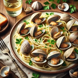 たっぷりのアサリとイタリアンパセリがトッピングされたシンプルで風味豊かなヴォンゴレパスタ
Flavorful vongole pasta topped generously with clams and Italian parsley on a rustic table setting