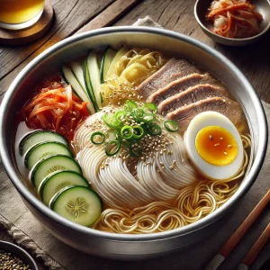 冷たいスープに麺、キムチ、チャーシュー、ゆで卵、きゅうりが美しく盛られた韓国風冷麺
Korean-style cold noodles served in chilled broth with kimchi, pork, boiled egg, and sliced cucumber