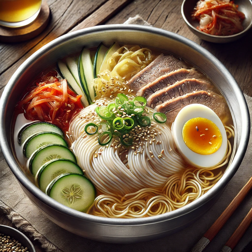 冷たいスープに麺、キムチ、チャーシュー、ゆで卵、きゅうりが美しく盛られた韓国風冷麺 Korean-style cold noodles served in chilled broth with kimchi, pork, boiled egg, and sliced cucumber
