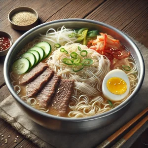 チャーシューやキムチ、きゅうり、半熟卵を添えた冷たいスープの冷麺が木のテーブルに並ぶ
Cold noodles in broth topped with pork, kimchi, cucumber, and soft-boiled egg on a rustic wooden table