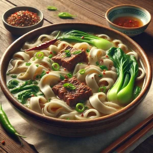 手切りの幅広麺に牛肉と青菜、唐辛子がのった中国風スープ麺の力強いビジュアル
Hearty Chinese knife-cut noodles with beef, greens, and chili peppers in a bold soup presentation
