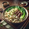 厚切り牛肉とチンゲンサイが入った風味豊かなスープ刀削麺、香辛料が添えられた一皿 Fragrant soup knife-cut noodles with thick beef slices and bok choy, served with spices