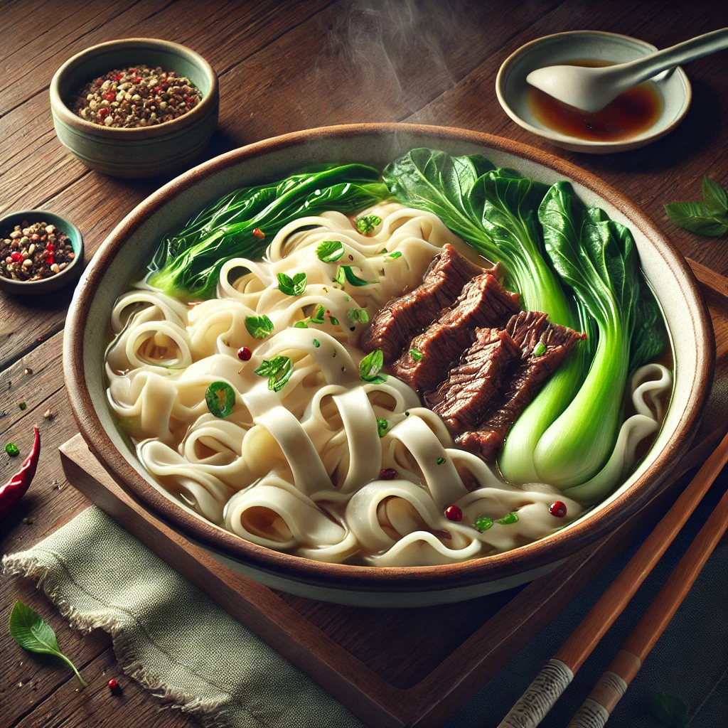 厚切り牛肉とチンゲンサイが入った風味豊かなスープ刀削麺、香辛料が添えられた一皿 Fragrant soup knife-cut noodles with thick beef slices and bok choy, served with spices