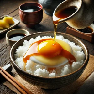 生卵の上から醤油をかける瞬間の卵かけご飯
Soy sauce being poured over a raw egg on hot steamed rice in a Japanese bowl