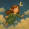 夢の中を旅するかわいい女の子のエルフ（夜空に浮かぶ雲の上を目を閉じて夢見るように飛んでいる。背景には三日月と星々が輝き、深い青色の空が幻想的で温かみのある雰囲気を演出している） A cute elf girl journeying through her dreams (flying peacefully above the clouds with closed eyes, while a crescent moon and twinkling stars shine in the deep blue sky, creating a warm and dreamy atmosphere)