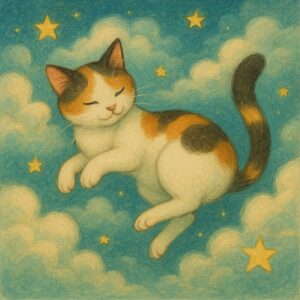 夢の中を旅する三毛猫、雲の上を優雅に漂いながら星々に囲まれて眠る幻想的な光景 : A calico cat journeying through a dream, gracefully floating on clouds surrounded by twinkling stars in a magical night sky