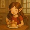 小さなカフェのテーブルでパンケーキを前にフォークを手にし、幸せそうに微笑むエルフの少女 An elf girl smiling happily while holding a fork, about to eat pancakes at a small café table