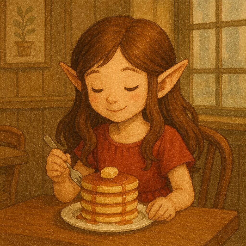 小さなカフェのテーブルでパンケーキを前にフォークを手にし、幸せそうに微笑むエルフの少女 An elf girl smiling happily while holding a fork, about to eat pancakes at a small café table
