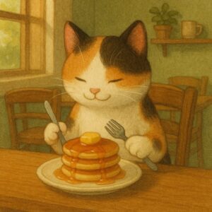 小さなカフェのテーブルに座り、フォークとナイフを手にしてパンケーキを食べようとする三毛猫の愛らしい姿
A calico cat sitting at a small café table, holding a fork and knife, about to enjoy a stack of pancakes