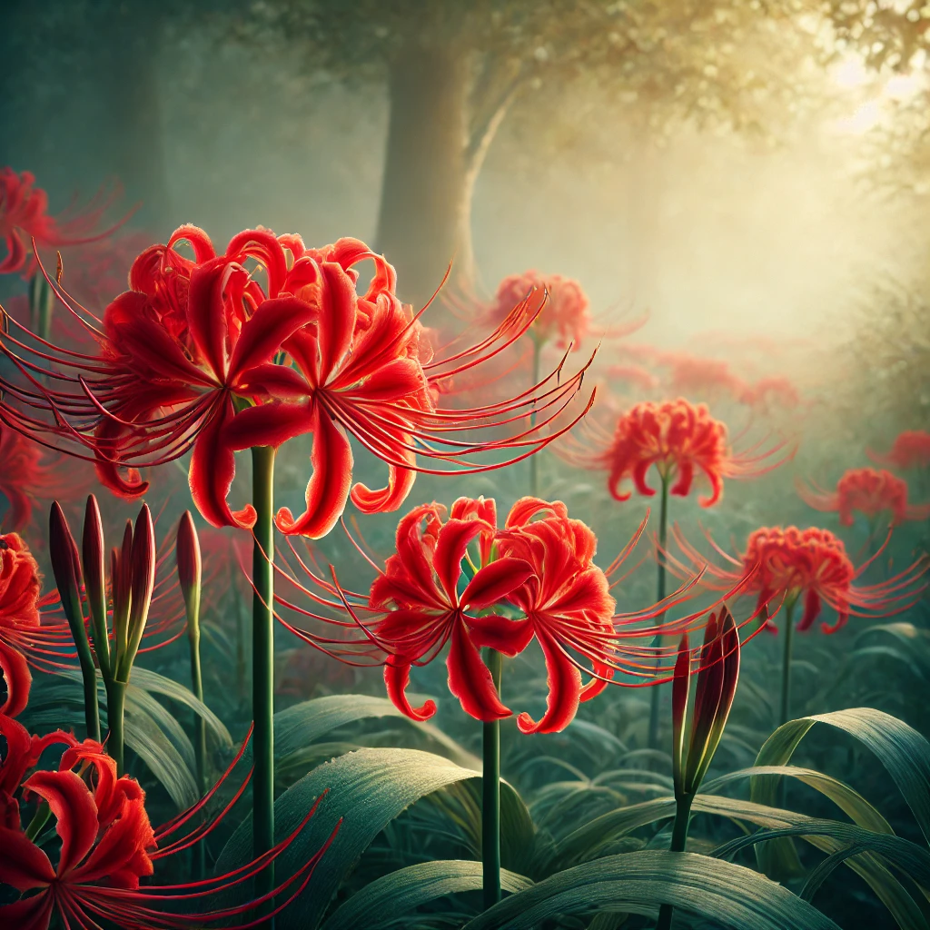 朝靄に包まれた森に咲く鮮やかな彼岸花の群生 Vivid cluster of red spider lilies blooming in a misty forest