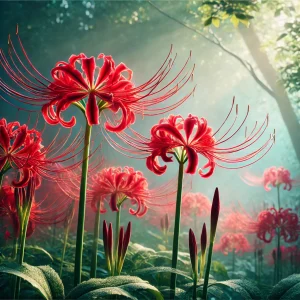 木漏れ日の中で幻想的に咲く彼岸花の花畑 Field of red spider lilies blooming dreamily under dappled sunlight