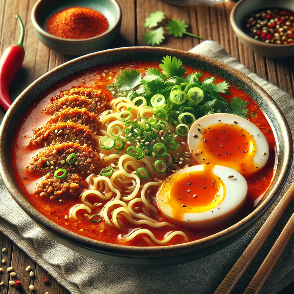 濃厚な赤いスープに肉味噌、半熟卵、ネギ、パクチーをトッピングした担々麺 Dandan noodles in rich red broth topped with minced meat, soft-boiled egg, scallions, and cilantro