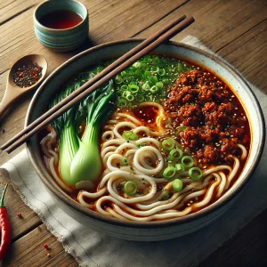 肉味噌、青梗菜、刻みネギが彩る旨辛スープの担々麺が美しく盛られた一杯
Beautifully presented spicy dandan noodles with minced meat, bok choy, and chopped green onions