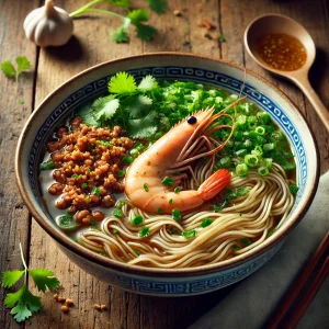 エビ、肉そぼろ、香菜、ネギが彩る本格台湾の担仔麺、優しいスープとともに盛られた一杯
Authentic Taiwanese Danzai noodles topped with shrimp, minced meat, cilantro, and scallions in a light broth