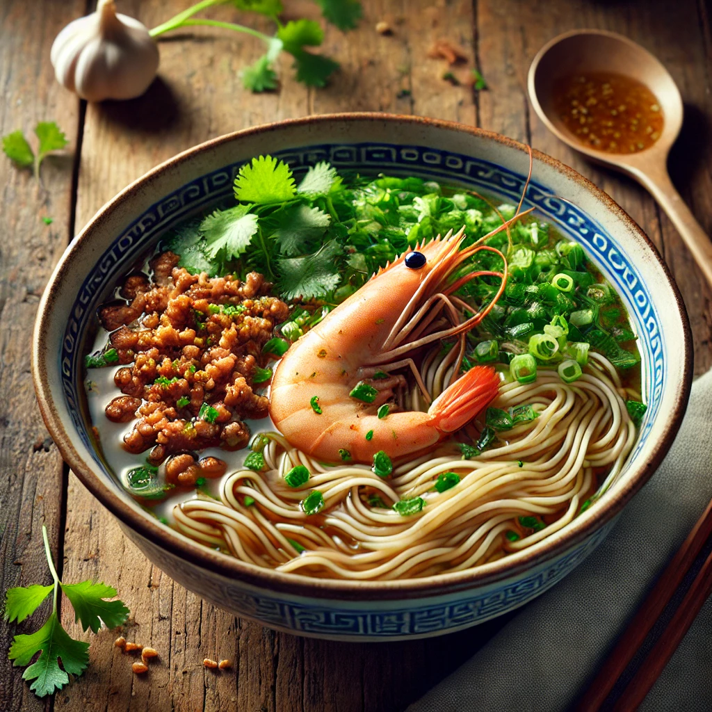 エビ、肉そぼろ、香菜、ネギが彩る本格台湾の担仔麺、優しいスープとともに盛られた一杯 Authentic Taiwanese Danzai noodles topped with shrimp, minced meat, cilantro, and scallions in a light broth