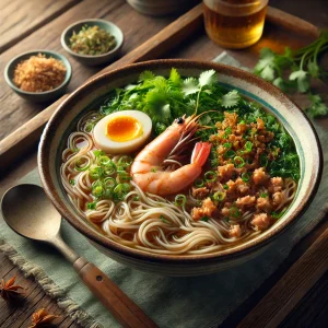煮卵、エビ、肉そぼろが美しく盛られた香り豊かな担仔麺、薬味や香草が添えられた一品
Fragrant Danzai noodle soup garnished with shrimp, soft-boiled egg, minced meat, and fresh herbs