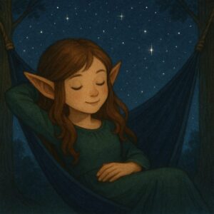 星空の下、ハンモックに横たわって目を閉じ、くつろぐエルフの少女の幻想的な姿 An elf girl relaxing in a hammock under a starry night sky with her eyes closed in peace