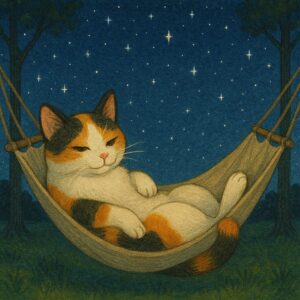 星空の下、ハンモックに仰向けで寝そべりながら気持ちよさそうにくつろぐ三毛猫の姿
A calico cat lying on its back in a hammock under a starry night sky, looking relaxed and content