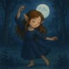 月明かりの中で静かに踊るかわいい女の子のエルフ : A cute elf girl gracefully dancing under the moonlight in a serene night forest atmosphere