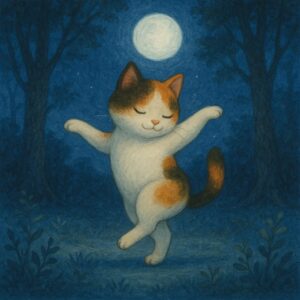 草の上で月明かりを浴びながら、優雅に両手を広げて静かに踊る三毛猫
A calico cat gracefully spreading its paws and dancing quietly under the moonlight on the grass