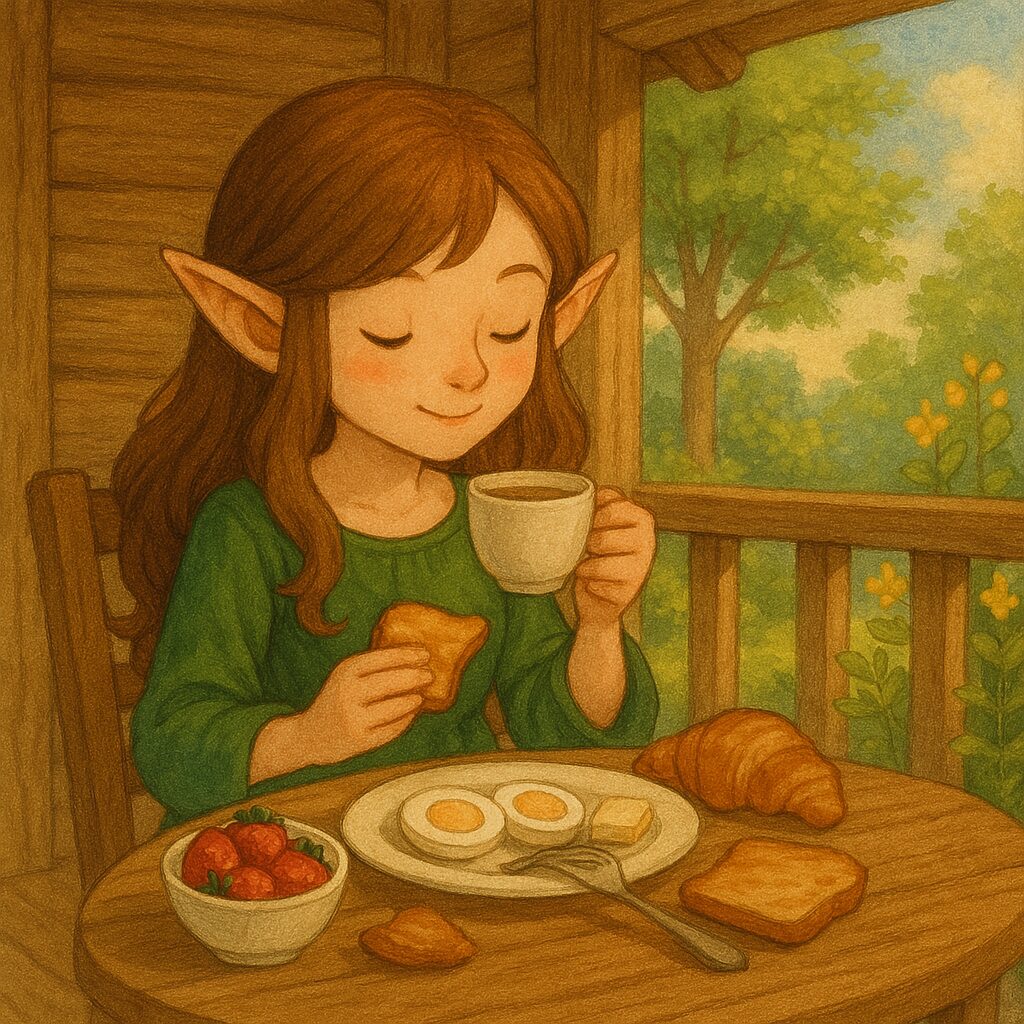 木の家のテラスで朝食を楽しむ三毛猫 : A calico cat enjoying breakfast on a tree house terrace