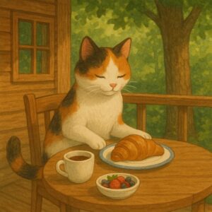 木の家のテラスでクロワッサンとコーヒーの朝食を楽しむ三毛猫 : A calico cat enjoying breakfast with a croissant and coffee on a tree house terrace