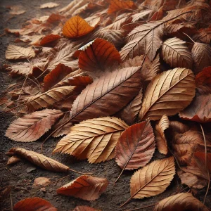 土の上に重なり合うように積もった枯れ葉たち Dead leaves layered on the soil in a natural pile