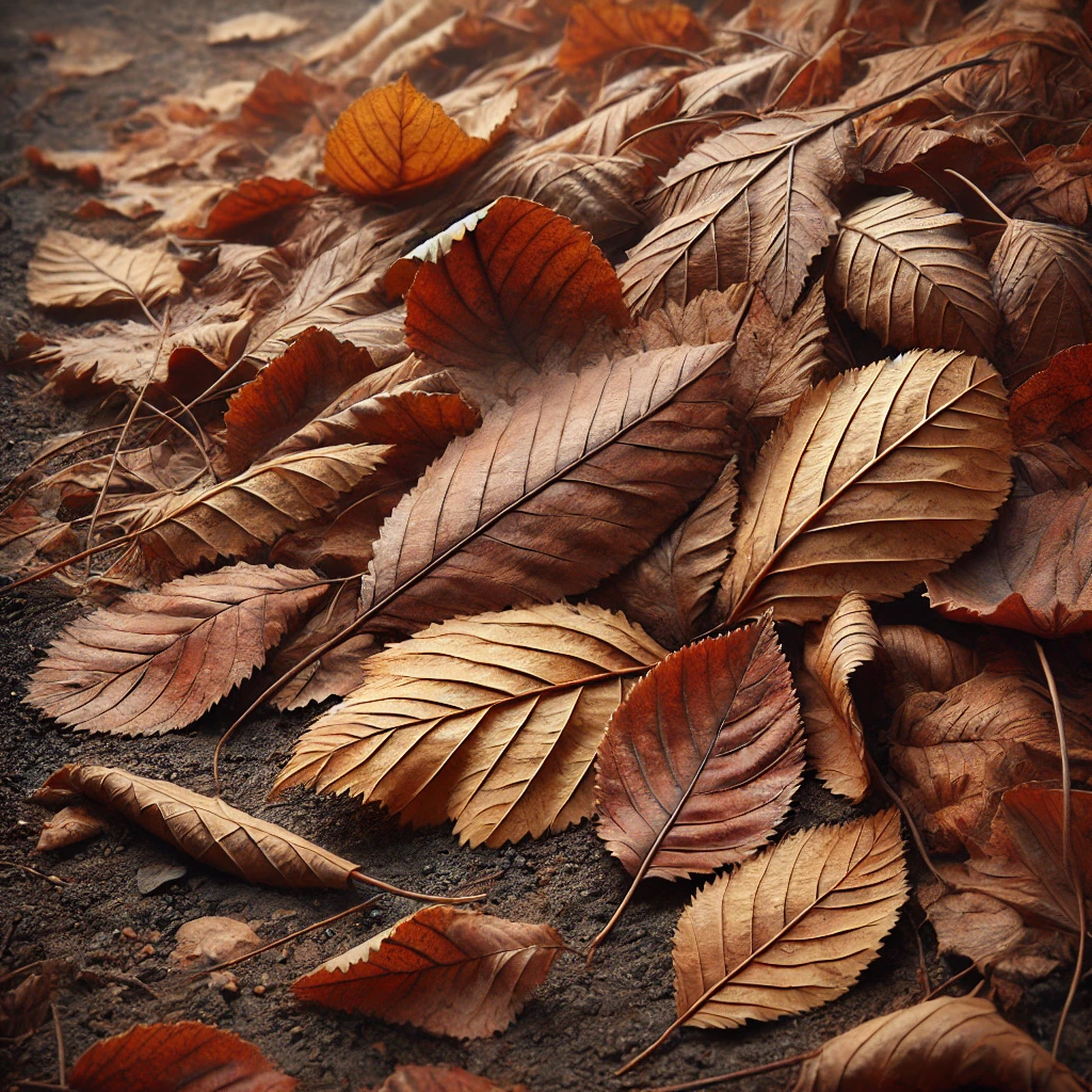 土の上に重なり合うように積もった枯れ葉たち Dead leaves layered on the soil in a natural pile