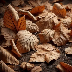 乾いた地面に散らばる茶色の枯れ葉 Brown dead leaves scattered across a dry ground