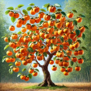 整った枝にたくさんの柿が実る、美しく整形された柿の木 Well-shaped persimmon tree with numerous fruits arranged neatly on the branches