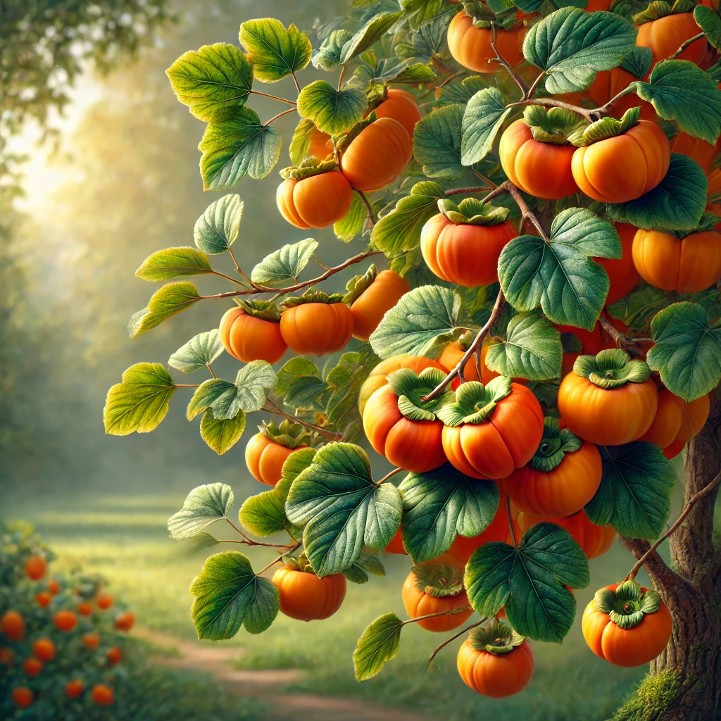 たわわに実った柿の実が輝く、緑豊かな柿の木のクローズアップ Close-up of a lush persimmon tree with vibrant orange fruits in full bloom
