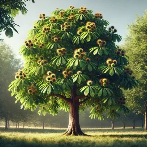 緑の葉に包まれたイガに実る栗が見える、日の光を浴びた栗の木 Chestnut tree bathed in sunlight, with spiky green burrs growing among lush foliage