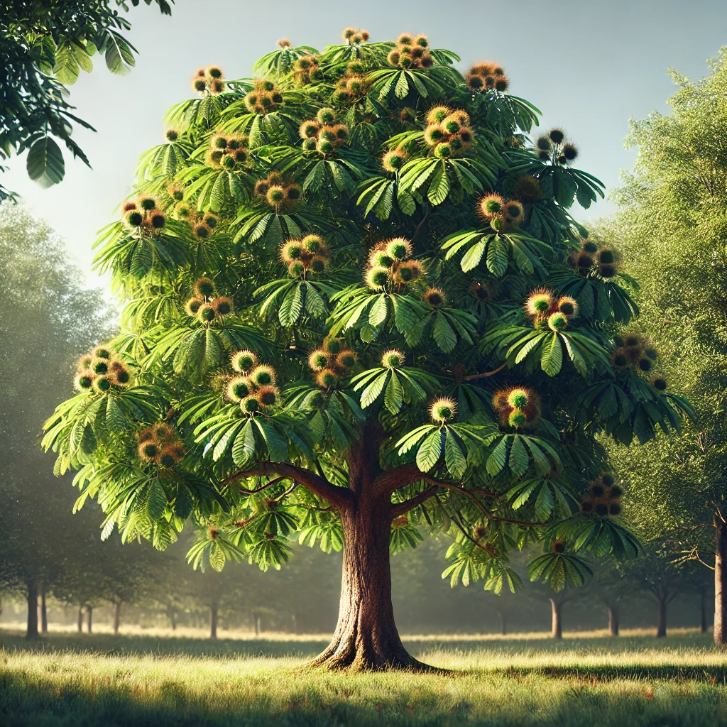 緑の葉に包まれたイガに実る栗が見える、日の光を浴びた栗の木 Chestnut tree bathed in sunlight, with spiky green burrs growing among lush foliage