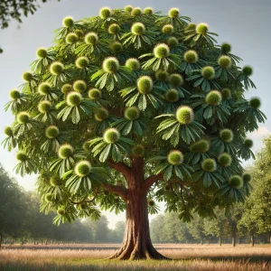 無数のイガグリが枝に実る、広がる枝ぶりの栗の木 Wide-branched chestnut tree bearing numerous spiny burrs on its branches