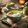 エビ、ゆで卵、青菜、香草を添えた澄んだスープの汁ビーフンが伝統的な器に美しく盛られる Clear soup bee hoon with shrimp, boiled egg, greens, and herbs served in a traditional bowl