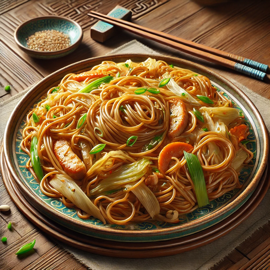キャベツやにんじんがたっぷり入った中華風の炒麺が美しく盛り付けられた一皿 Chinese-style stir-fried noodles with cabbage and carrots, beautifully arranged on a traditional plate