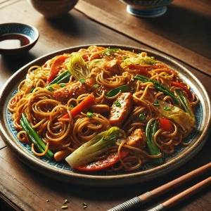 彩り豊かな野菜と麺が香ばしく炒められた炒麺、胡麻と甘辛ソースが香る一品
Colorful stir-fried noodles with vegetables, sesame seeds, and savory sweet sauce on a rustic table