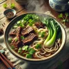 香草と青菜、厚切りの牛肉が入った熱々の台湾風牛肉麺、湯気が立ち上る本格的な一杯 Steaming Taiwanese beef noodle soup with thick beef slices, leafy greens, and fresh herbs