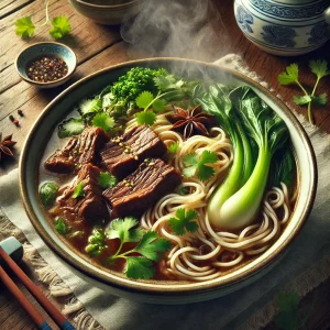 香草と青菜、厚切りの牛肉が入った熱々の台湾風牛肉麺、湯気が立ち上る本格的な一杯
Steaming Taiwanese beef noodle soup with thick beef slices, leafy greens, and fresh herbs