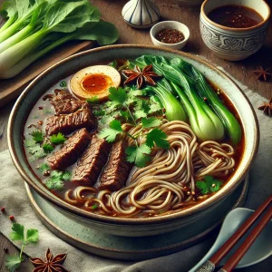 煮卵や青梗菜、香草とともに牛肉がたっぷり入った、風味豊かな台湾牛肉麺
Flavorful Taiwanese beef noodle soup with braised egg, bok choy, herbs, and tender beef chunks