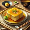 和風の器に盛られた玉子豆腐にごま・青ねぎ・わさびが添えられている Tamago tofu served in a Japanese dish with sesame seeds, green onions, and wasabi