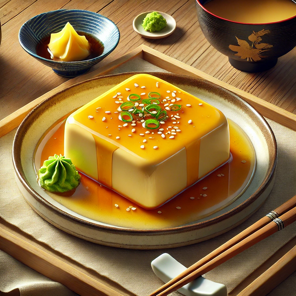 和風の器に盛られた玉子豆腐にごま・青ねぎ・わさびが添えられている Tamago tofu served in a Japanese dish with sesame seeds, green onions, and wasabi