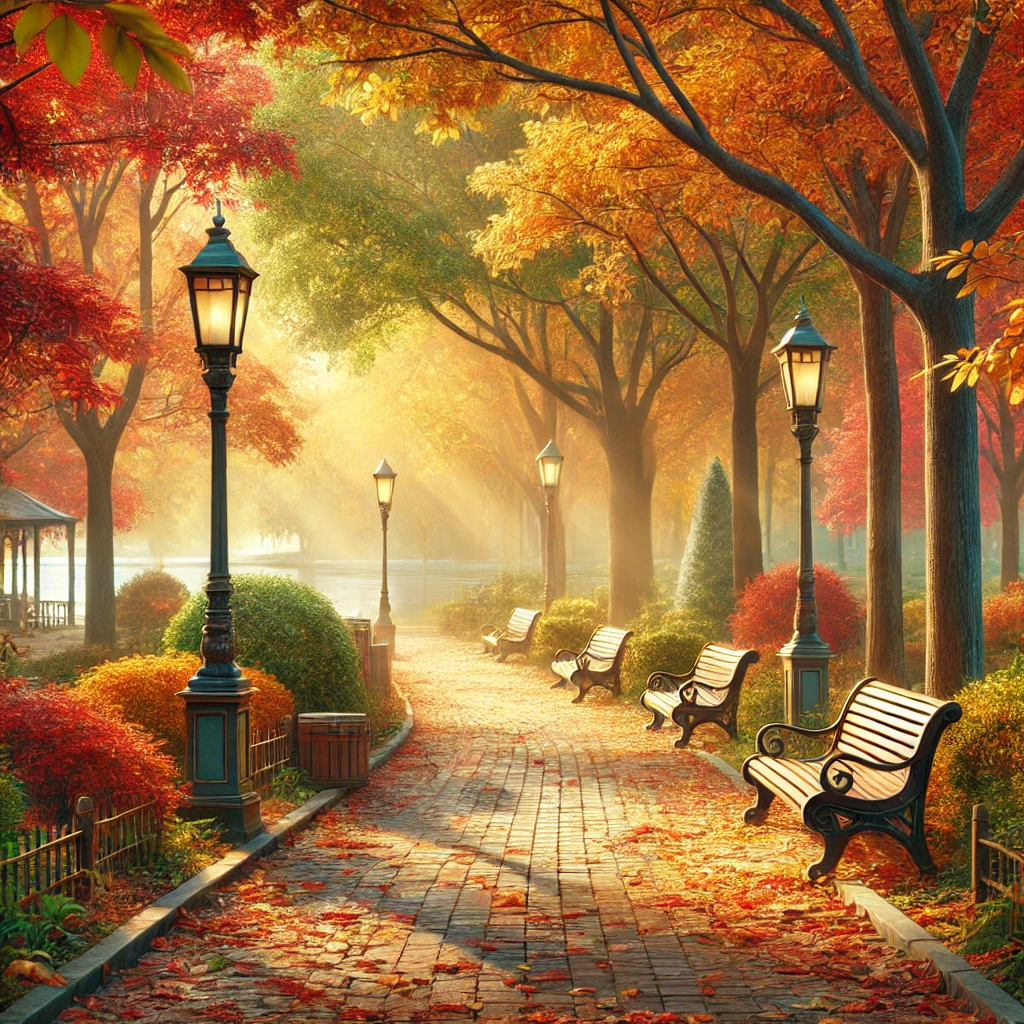 紅葉に彩られた並木道とベンチが並ぶ、穏やかな朝の秋の公園 A tranquil autumn park in the morning, lined with benches and trees in vibrant fall colors