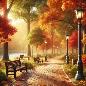 街灯に照らされた落ち葉の小道、紅葉に包まれた静かな秋の公園 A quiet autumn park with fallen leaves and glowing street lamps surrounded by colorful autumn foliage