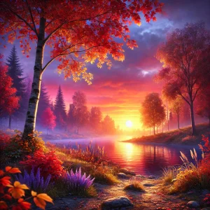 秋の紅葉に包まれた湖畔で、夕日が水面をオレンジ色に染める風景 Sunset casting a warm orange glow over a lake surrounded by autumn foliage