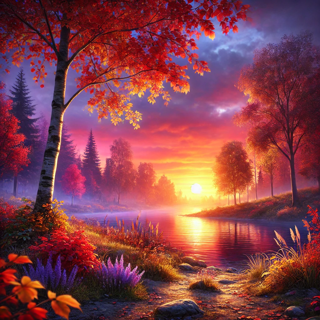 秋の紅葉に包まれた湖畔で、夕日が水面をオレンジ色に染める風景 Sunset casting a warm orange glow over a lake surrounded by autumn foliage
