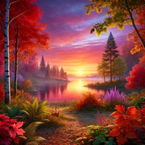 色づく木々と湖の静けさが際立つ、幻想的な秋の夕暮れ Dreamlike autumn dusk with vibrant trees and a serene lakeside atmosphere